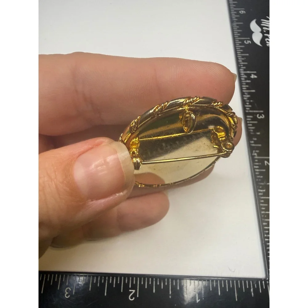 Vintage Gold Tone Oval Cameo Brooch Pendant‎ Female Profile Brown White Jewelry